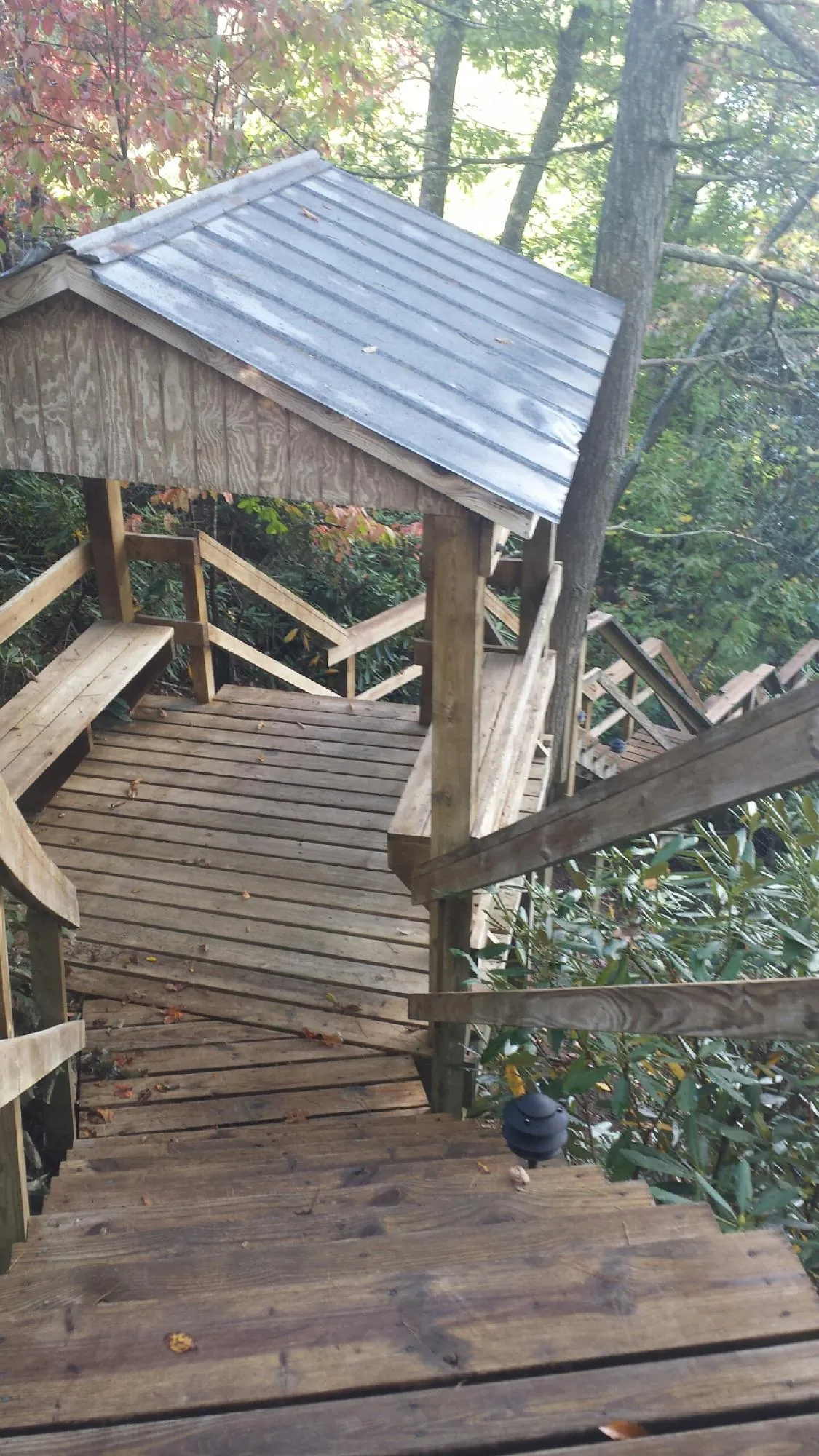 Metal roofed shelter over wooden steps on a wooded walkway — Skylight Repair & Installation work by our crew in Mc Kenney